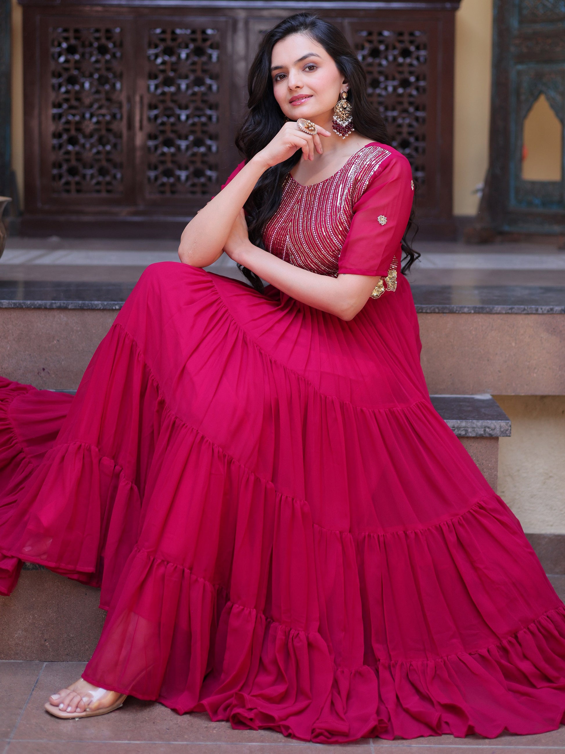 Amazing Rani Pink Embroidered Georgette Festival Wear Gown