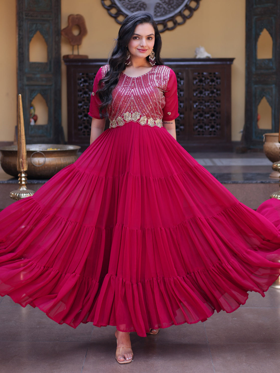 Amazing Rani Pink Embroidered Georgette Festival Wear Gown