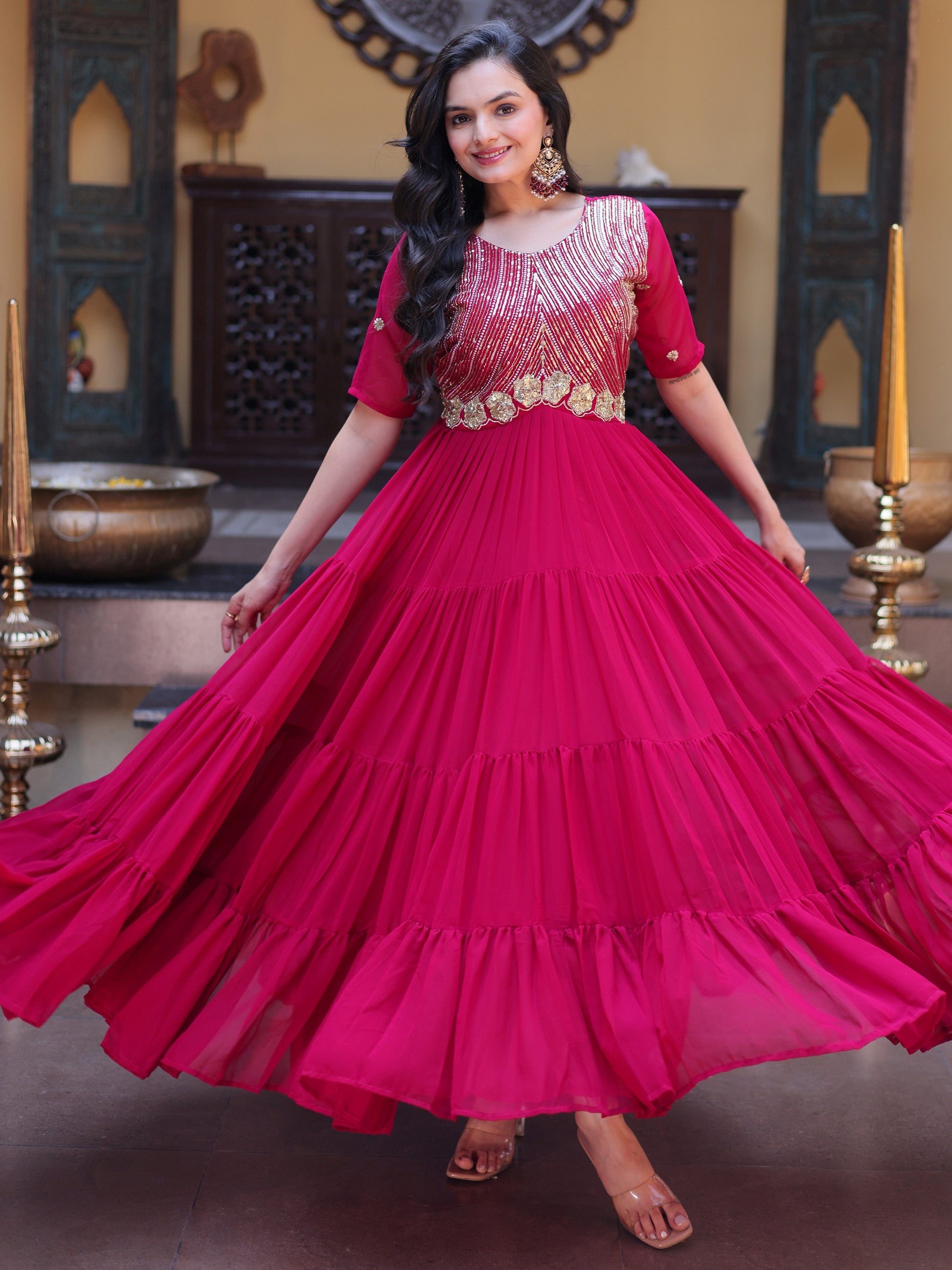 Amazing Rani Pink Embroidered Georgette Festival Wear Gown