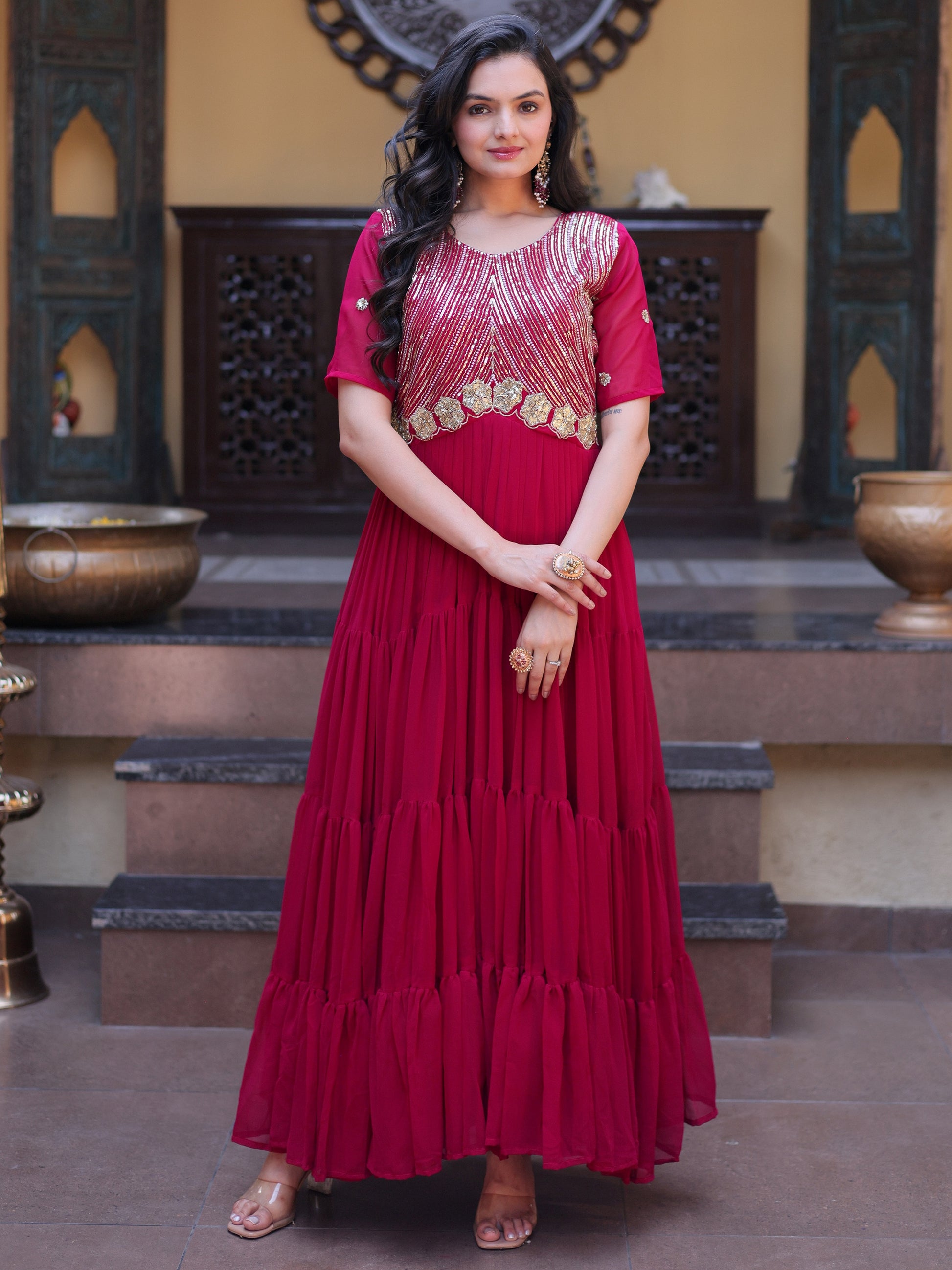 Amazing Rani Pink Embroidered Georgette Festival Wear Gown