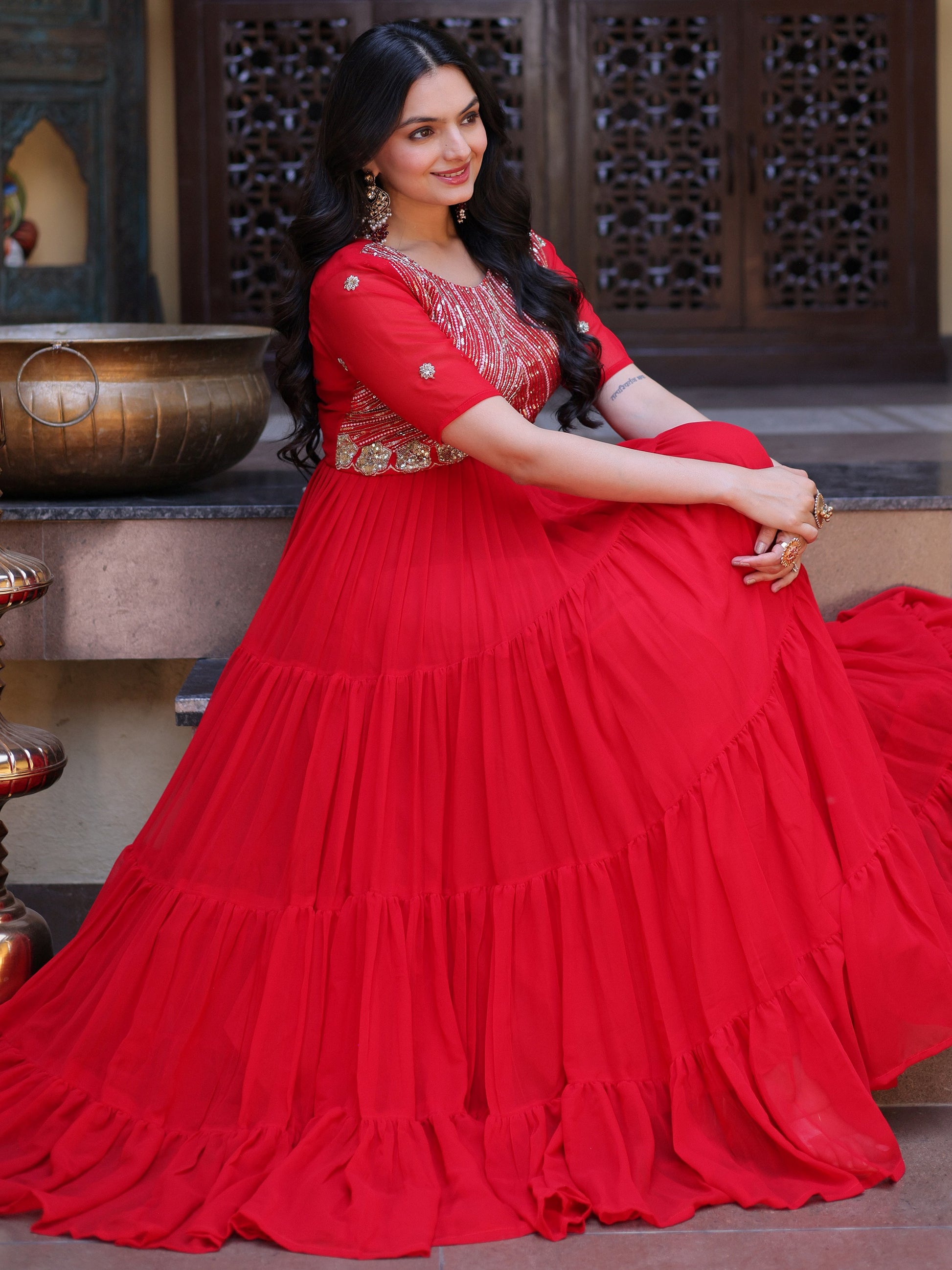 Alluring Red Zari Work Georgette Function Wear Gown
