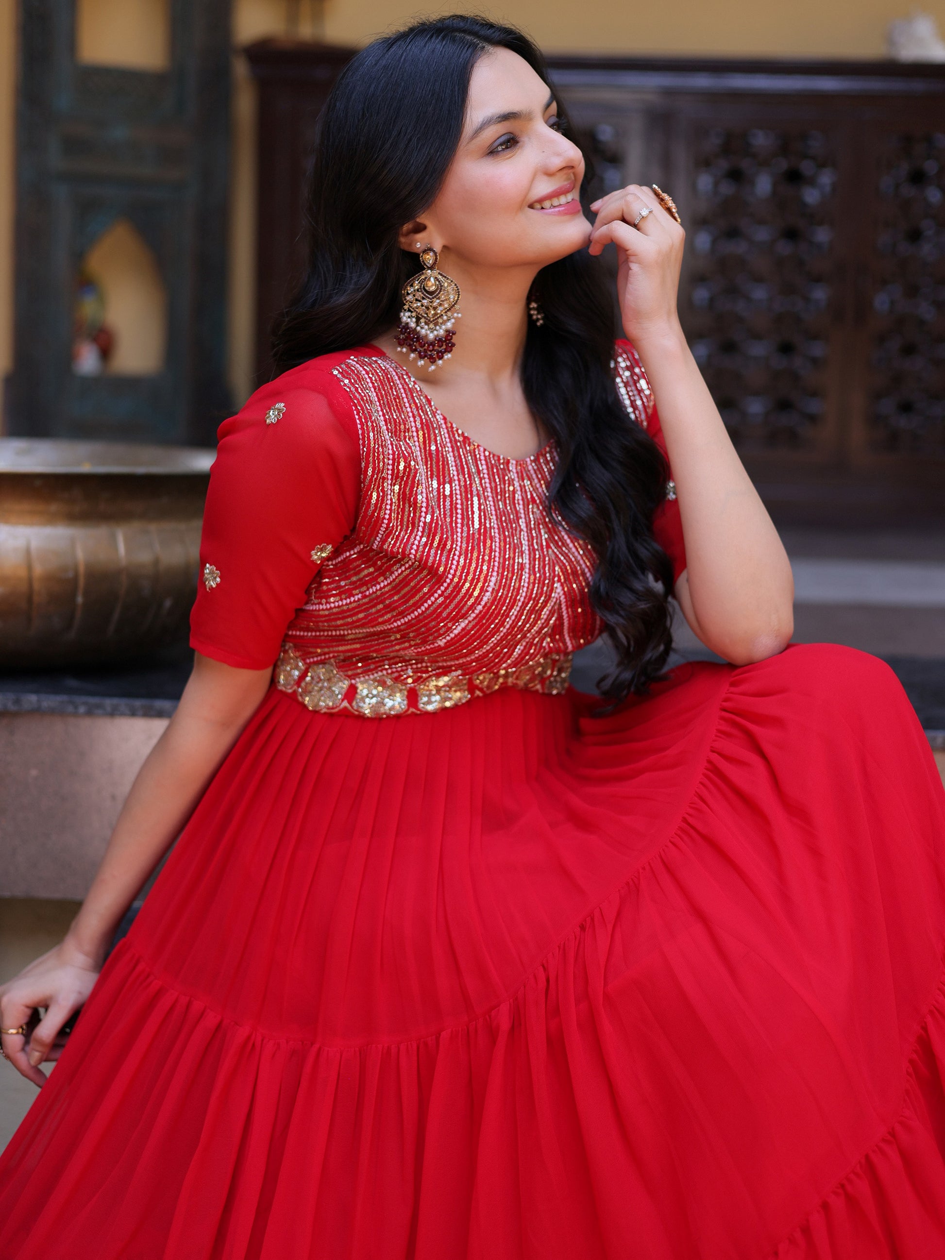 Alluring Red Zari Work Georgette Function Wear Gown
