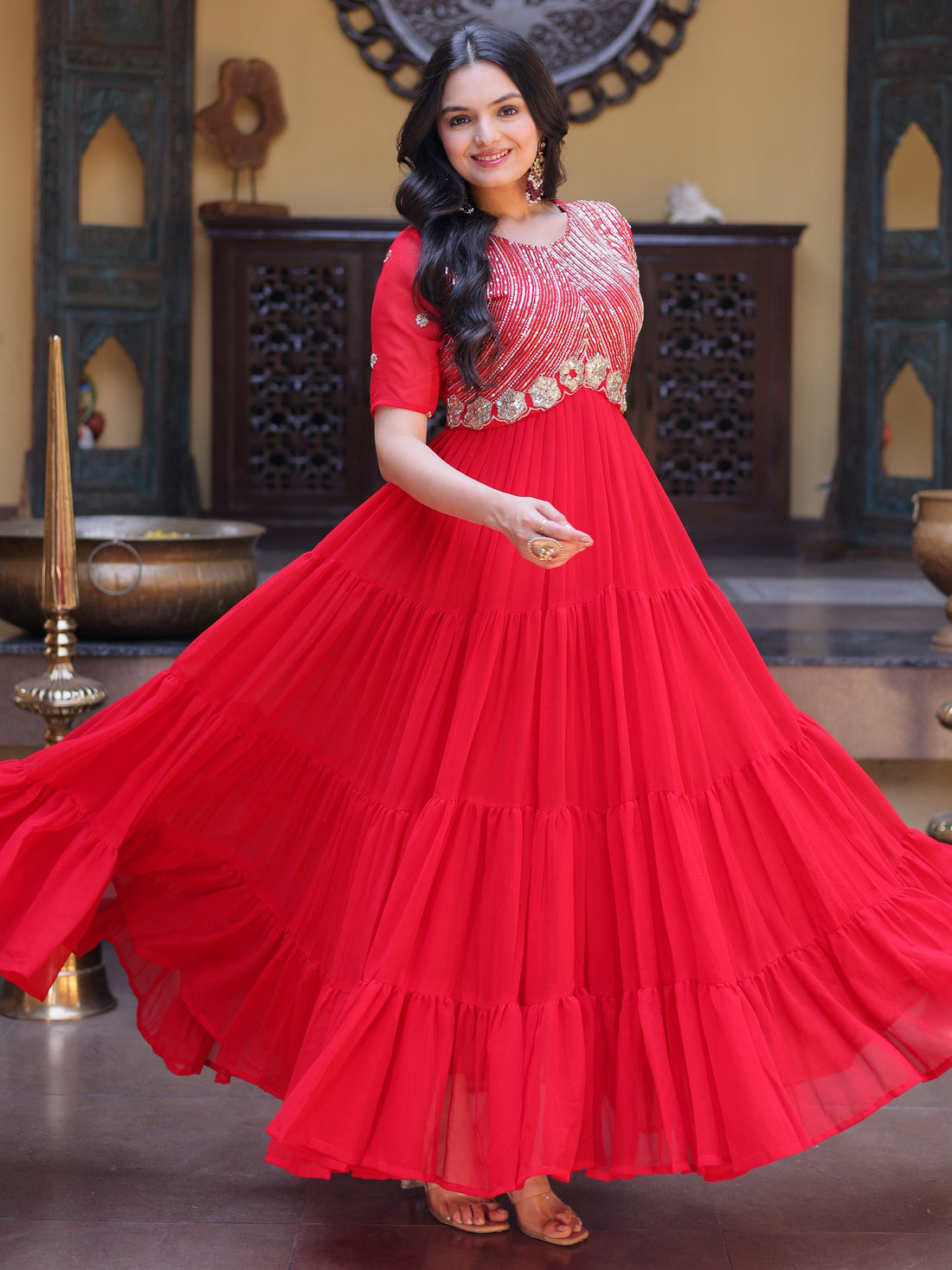 Alluring Red Zari Work Georgette Function Wear Gown