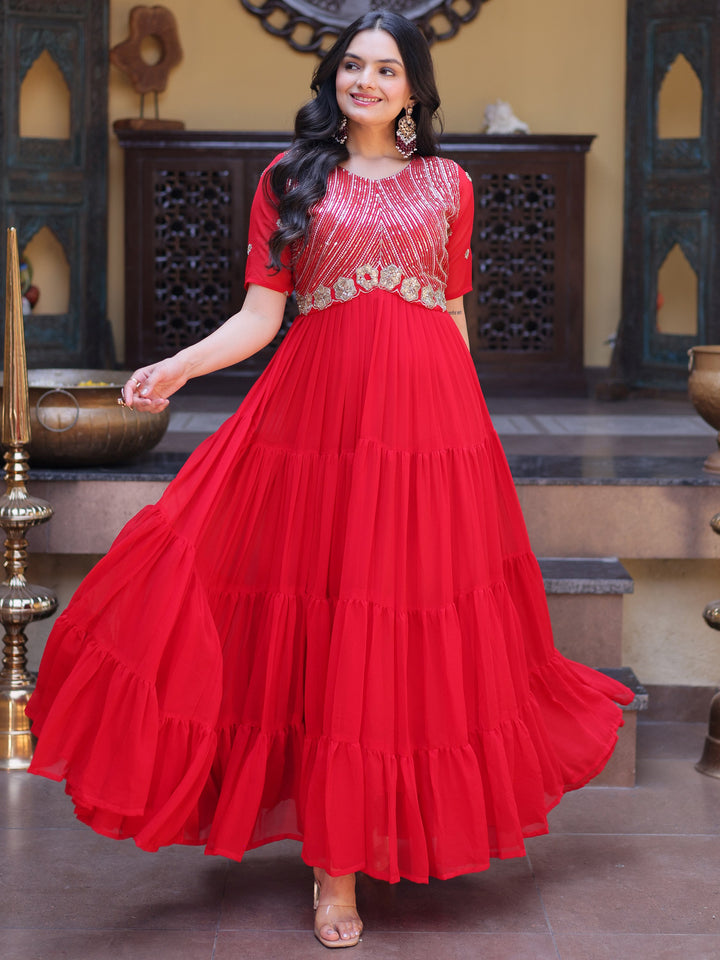 Alluring Red Zari Work Georgette Function Wear Gown