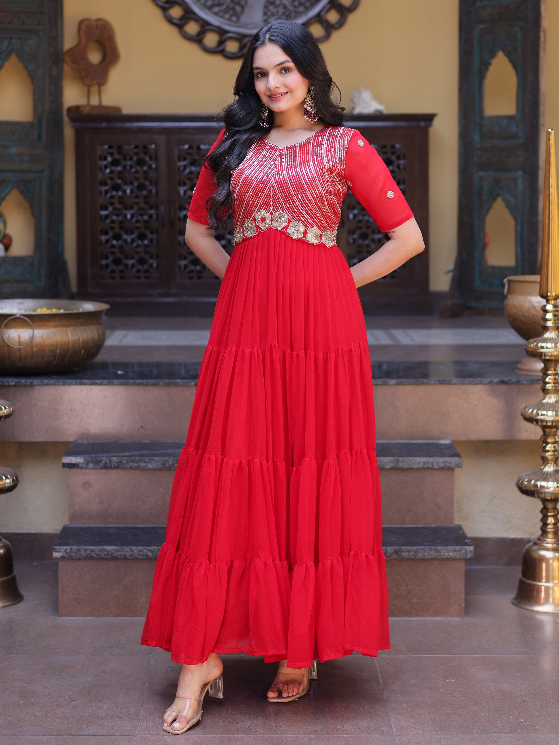 Alluring Red Zari Work Georgette Function Wear Gown
