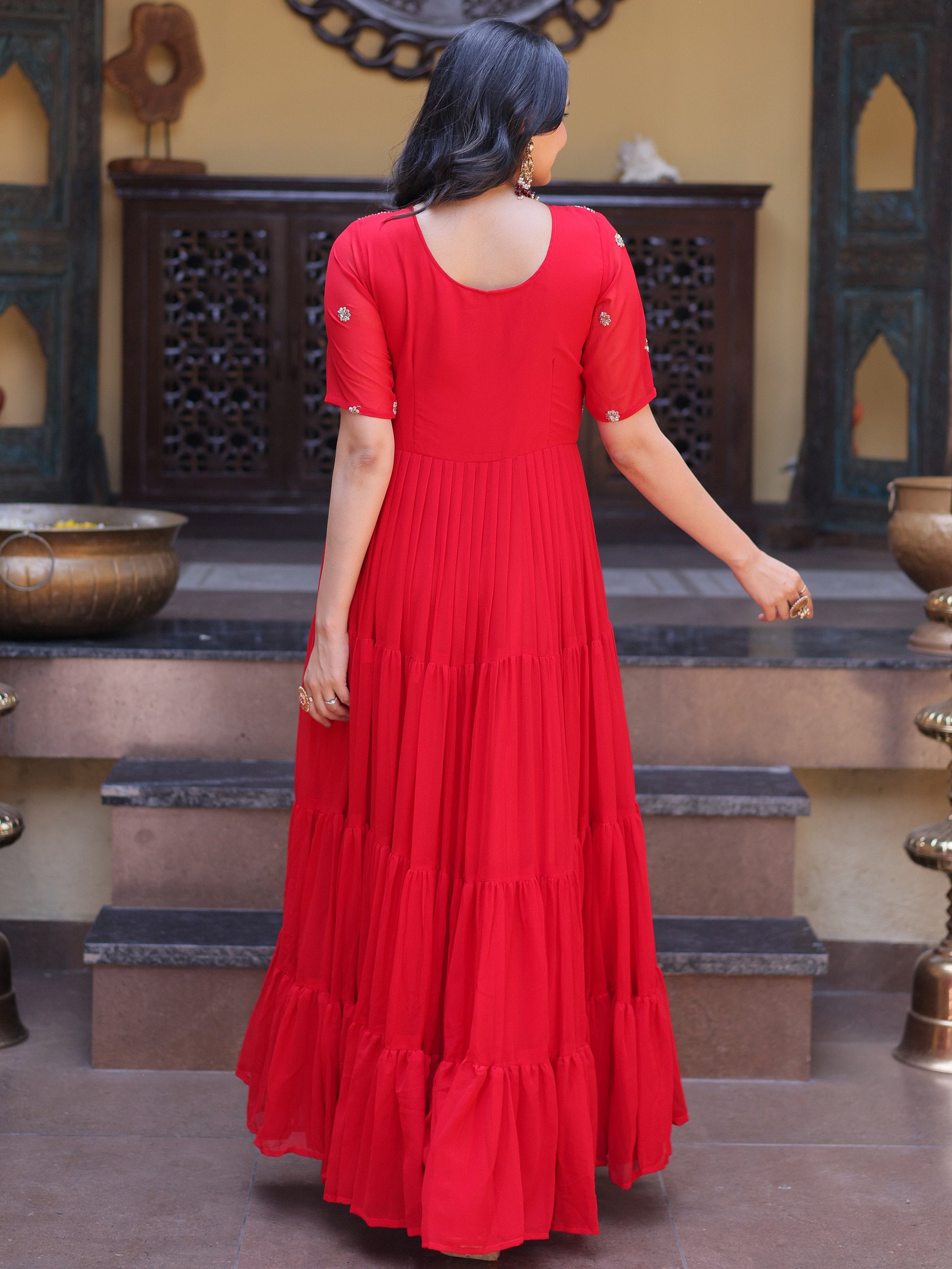 Alluring Red Zari Work Georgette Function Wear Gown