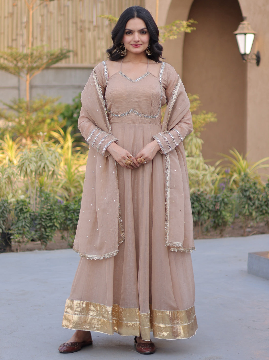 Lovely Beige Mirror-Worked Georgette Festival Wear Gown With Dupatta