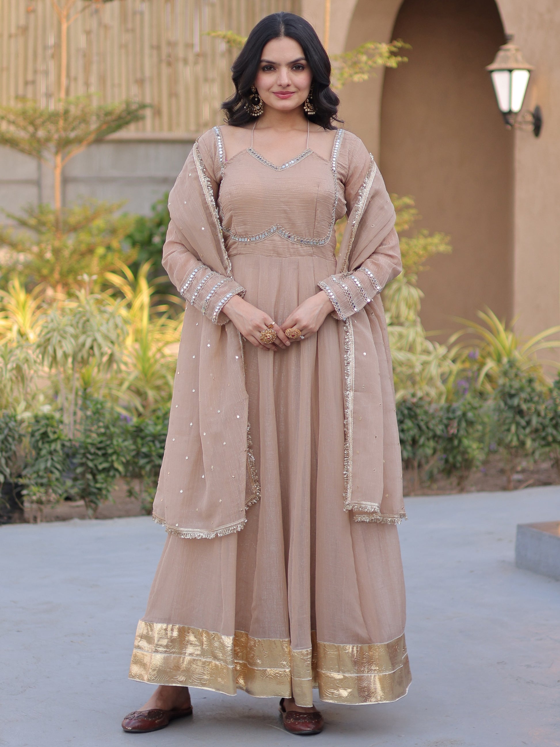 Lovely Beige Mirror-Worked Georgette Festival Wear Gown With Dupatta