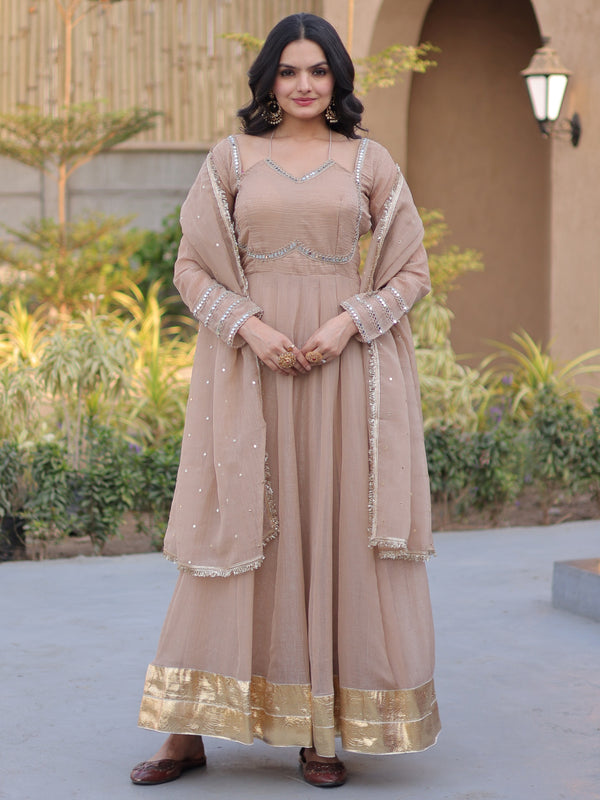 Lovely Beige Mirror-Worked Georgette Festival Wear Gown With Dupatta