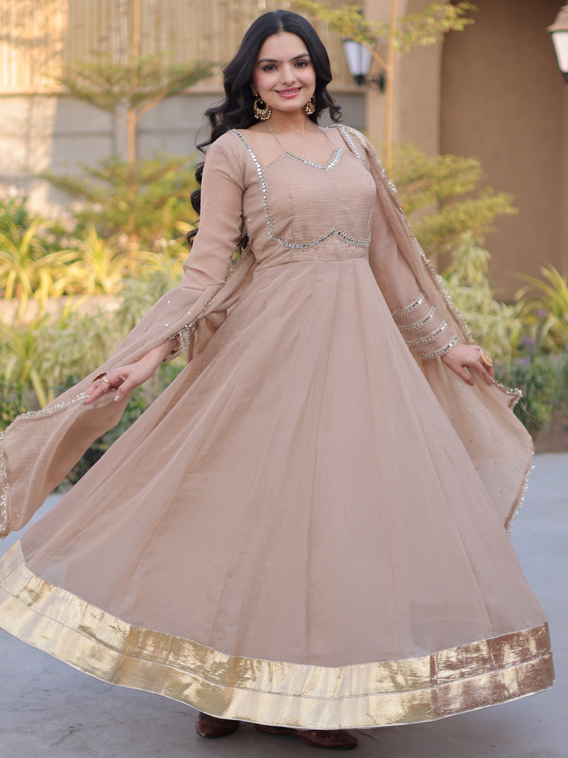 Lovely Beige Mirror-Worked Georgette Festival Wear Gown With Dupatta