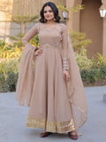 Lovely Beige Mirror-Worked Georgette Festival Wear Gown With Dupatta