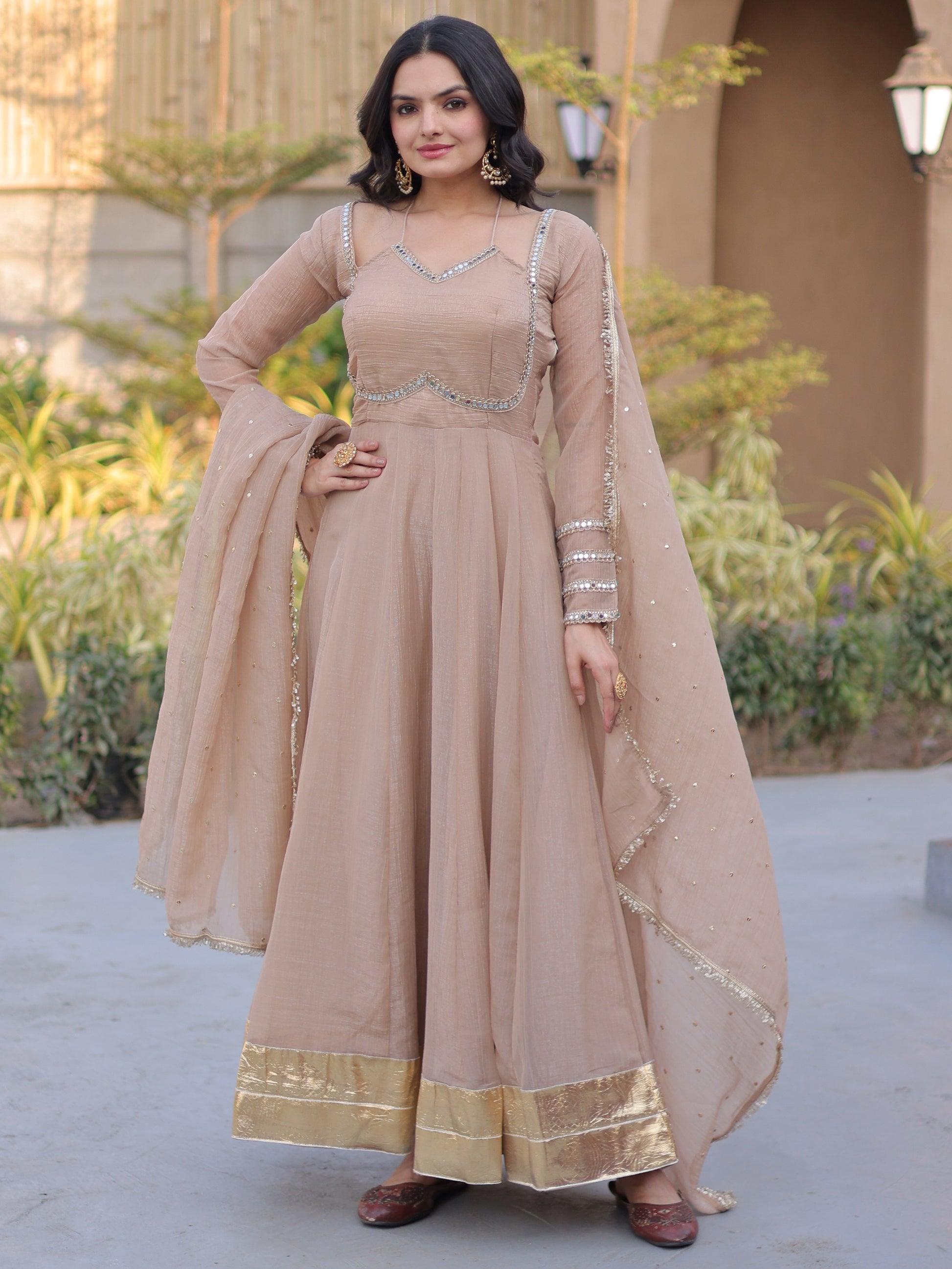Lovely Beige Mirror-Worked Georgette Festival Wear Gown With Dupatta