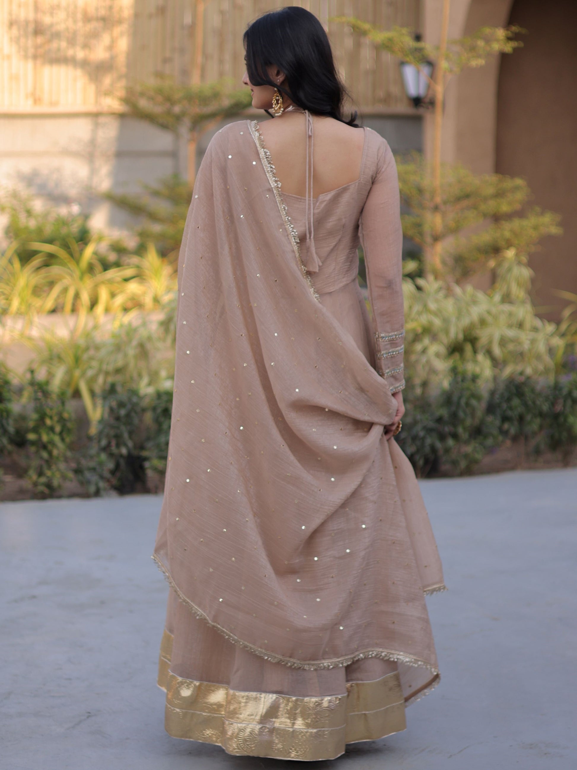 Lovely Beige Mirror-Worked Georgette Festival Wear Gown With Dupatta
