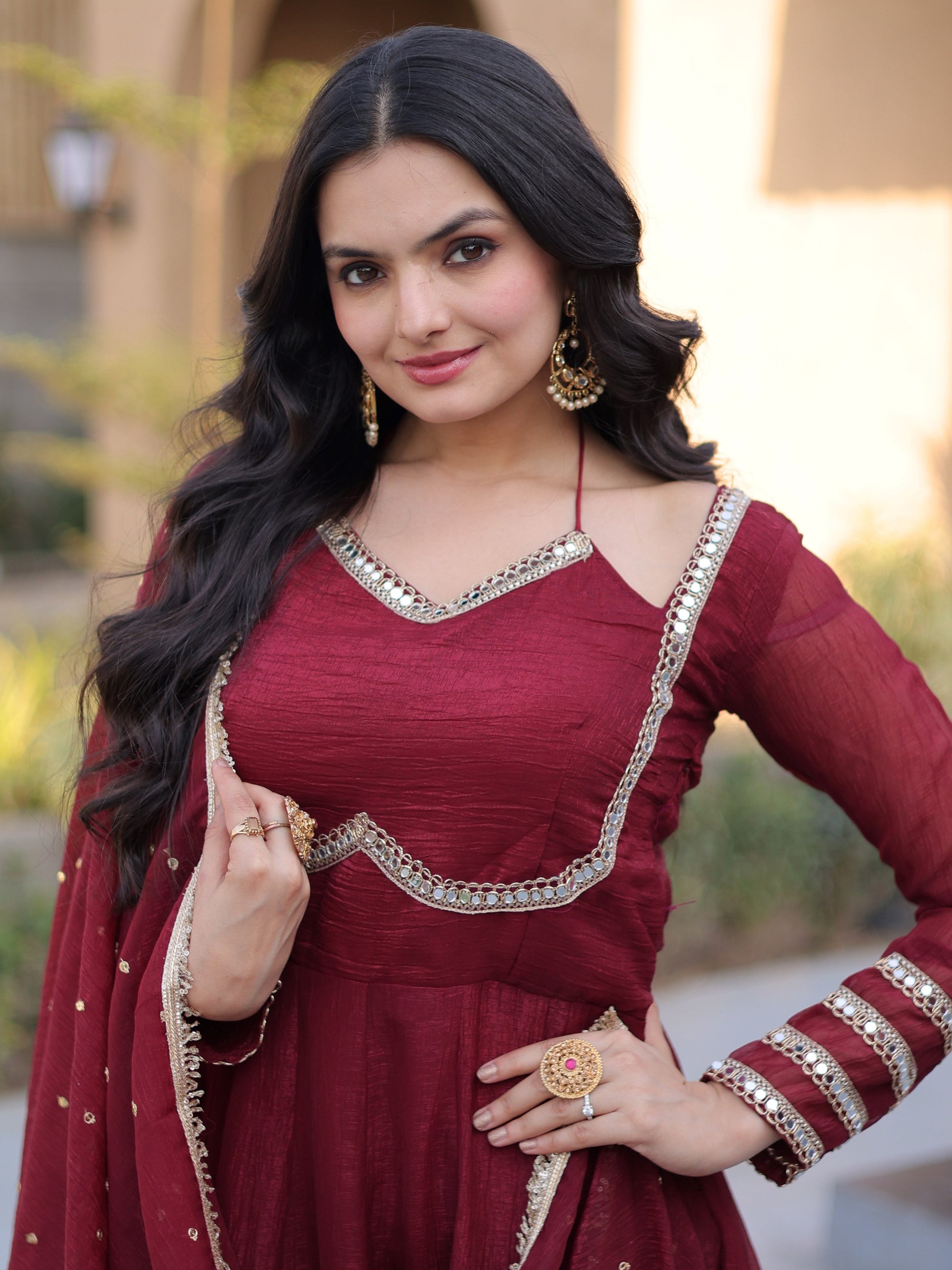 Stylish Maroon Lace-Worked Georgette Festival Wear Gown With Dupatta