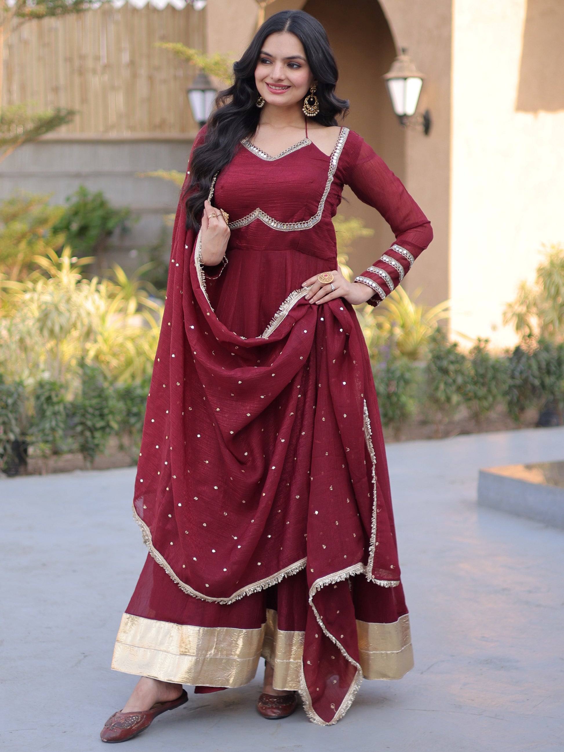 Stylish Maroon Lace-Worked Georgette Festival Wear Gown With Dupatta