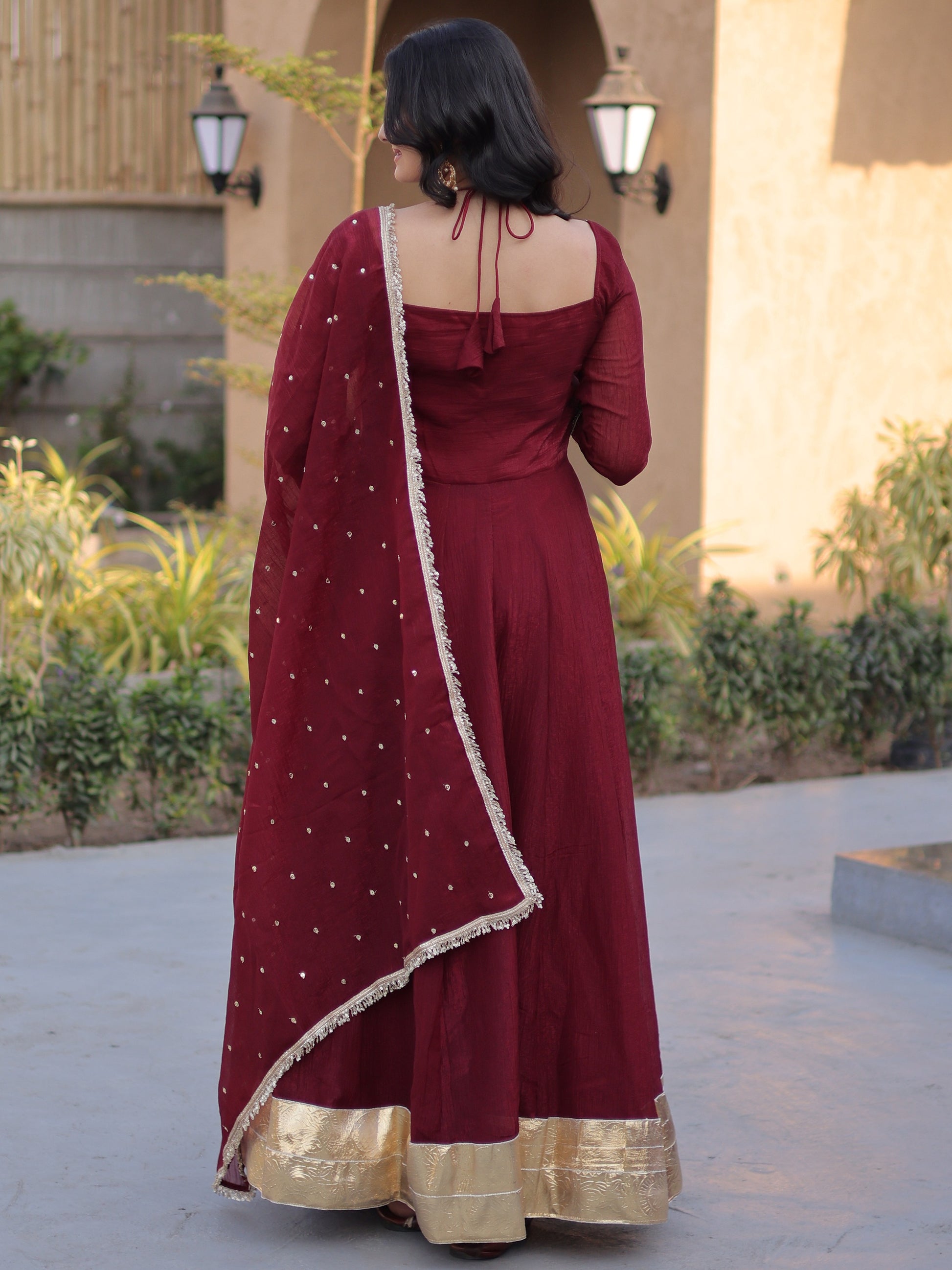 Stylish Maroon Lace-Worked Georgette Festival Wear Gown With Dupatta