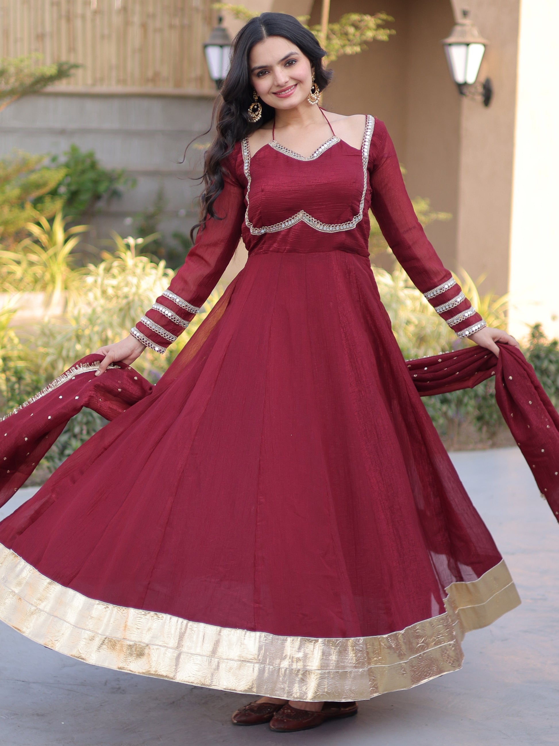 Stylish Maroon Lace-Worked Georgette Festival Wear Gown With Dupatta