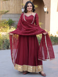 Stylish Maroon Lace-Worked Georgette Festival Wear Gown With Dupatta