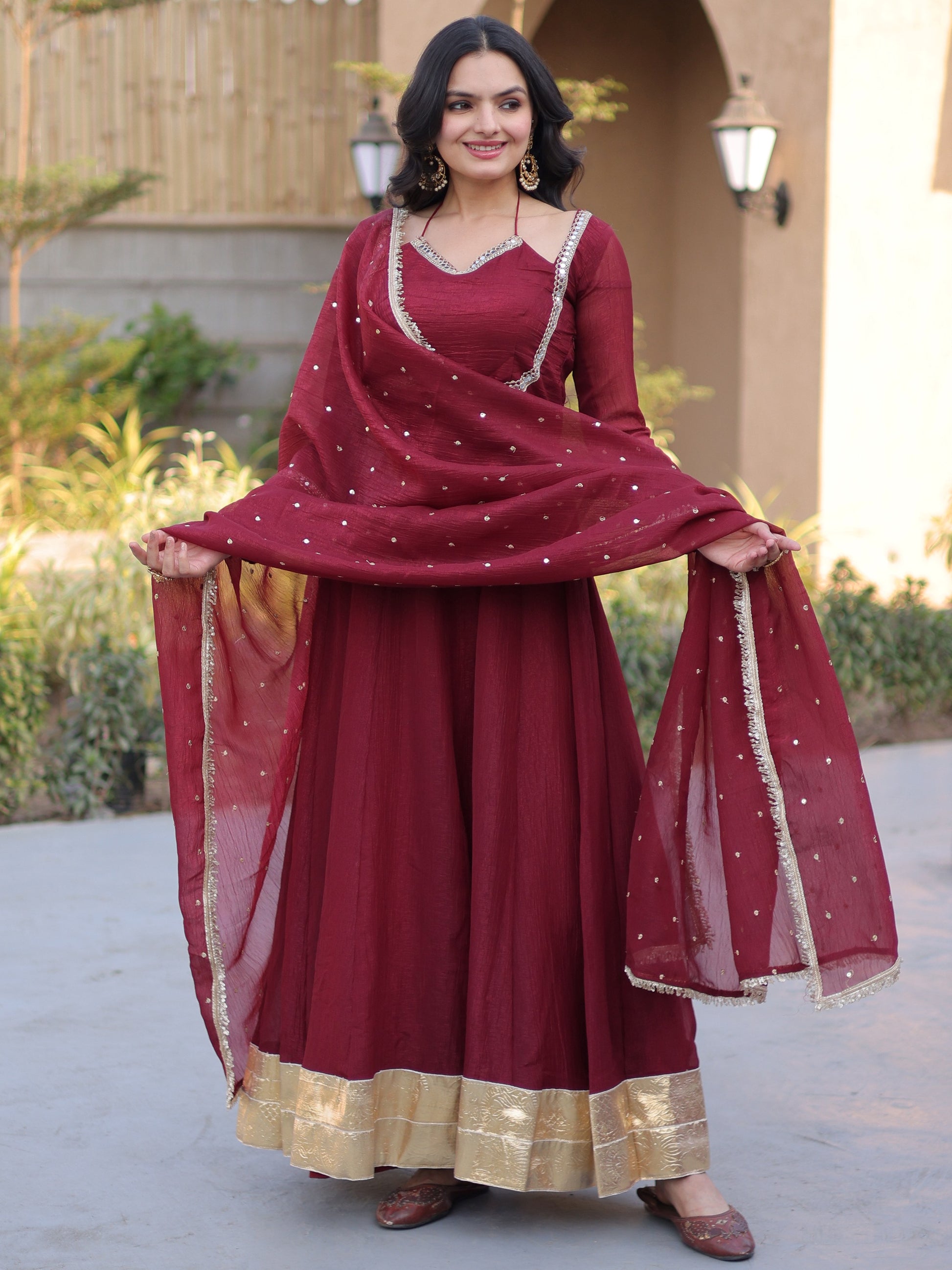 Stylish Maroon Lace-Worked Georgette Festival Wear Gown With Dupatta