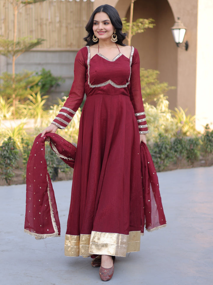 Stylish Maroon Lace-Worked Georgette Festival Wear Gown With Dupatta