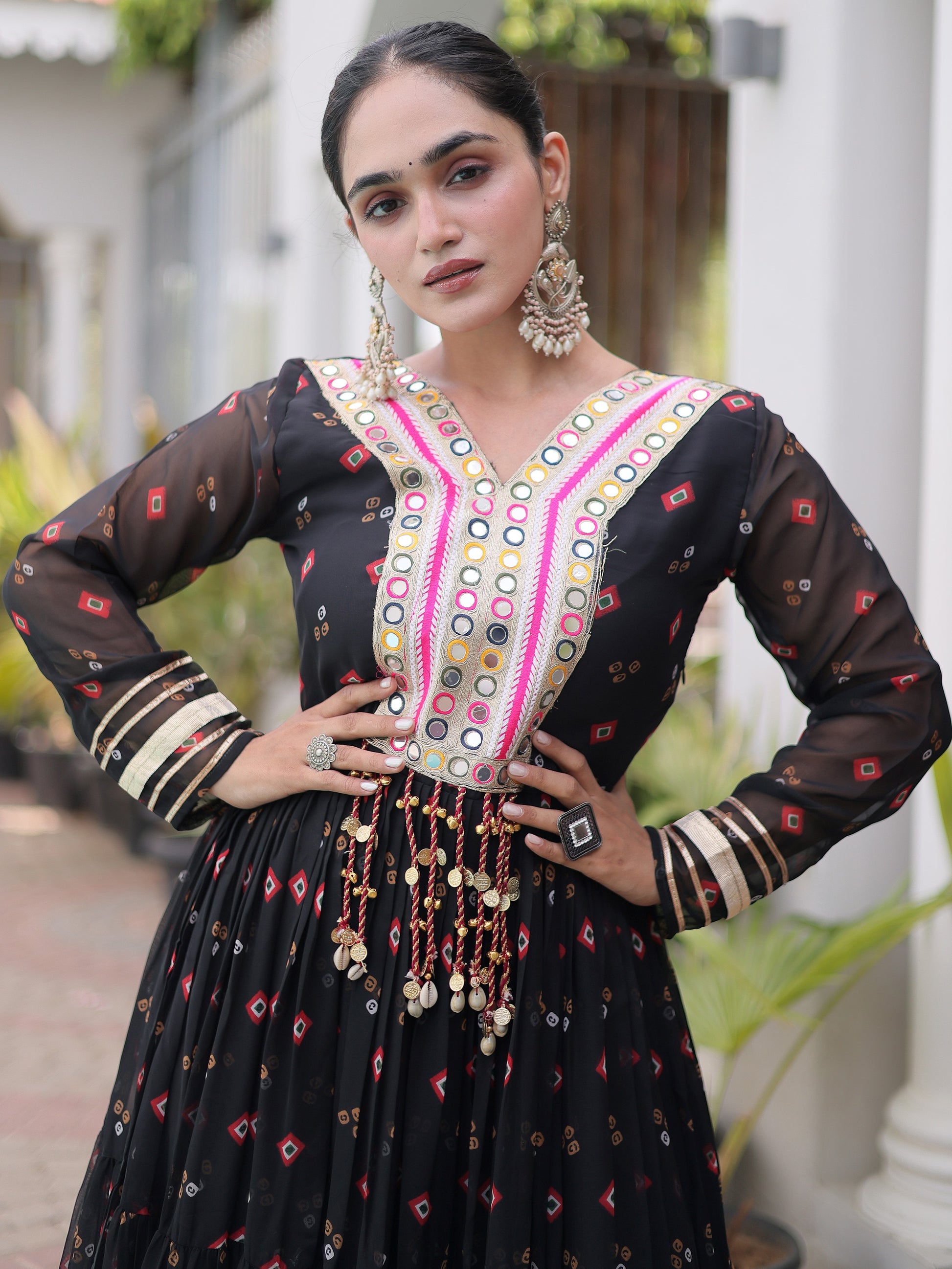 Glamorous Black Leheriya Printed Georgette Navratri Wear Gown