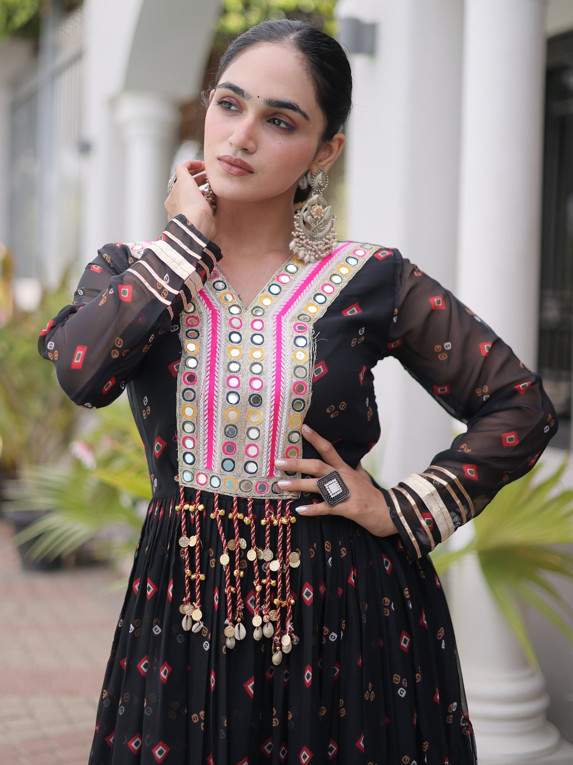Glamorous Black Leheriya Printed Georgette Navratri Wear Gown