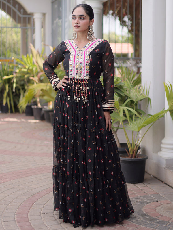 Glamorous Black Leheriya Printed Georgette Navratri Wear Gown