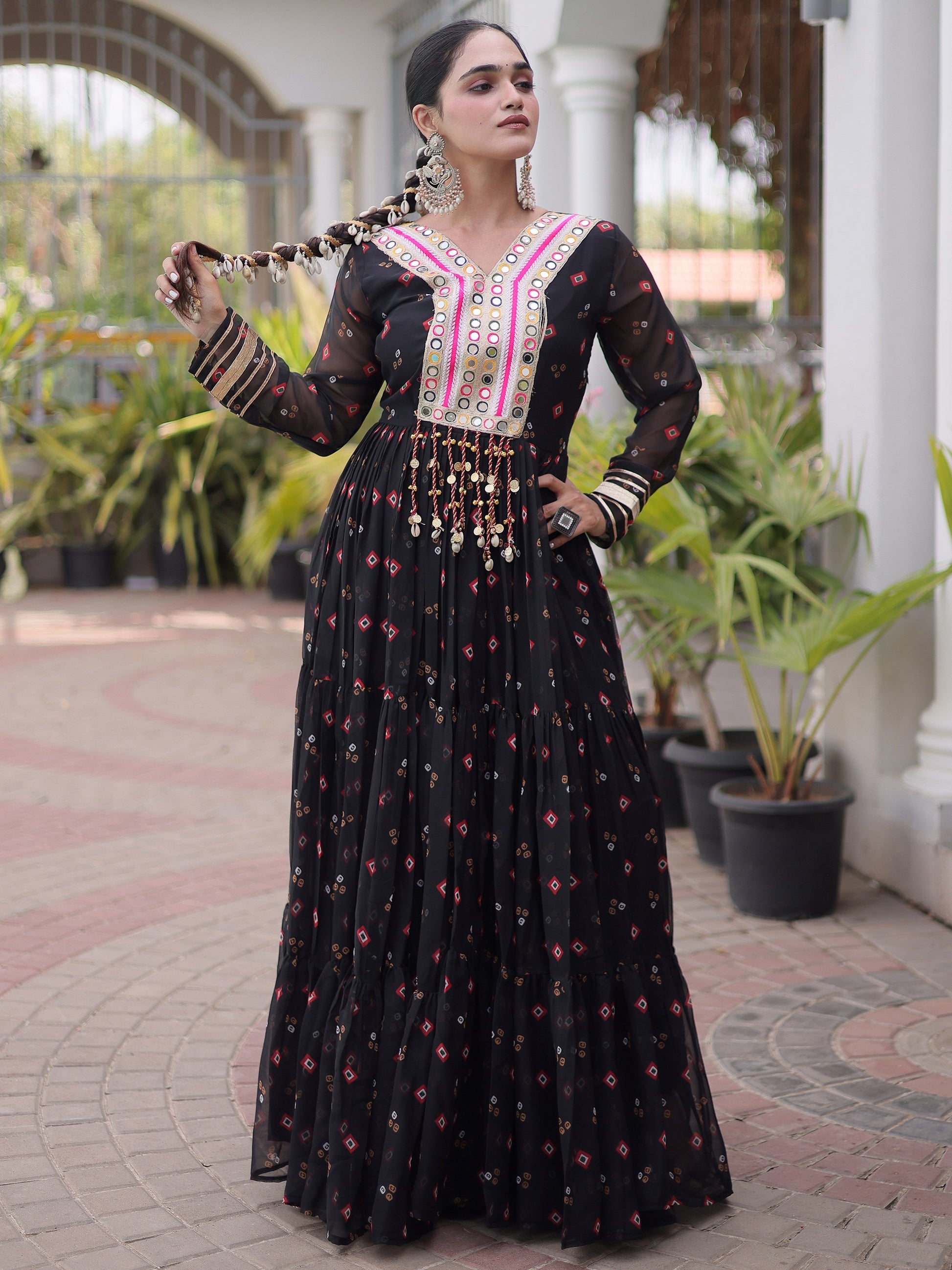 Glamorous Black Leheriya Printed Georgette Navratri Wear Gown