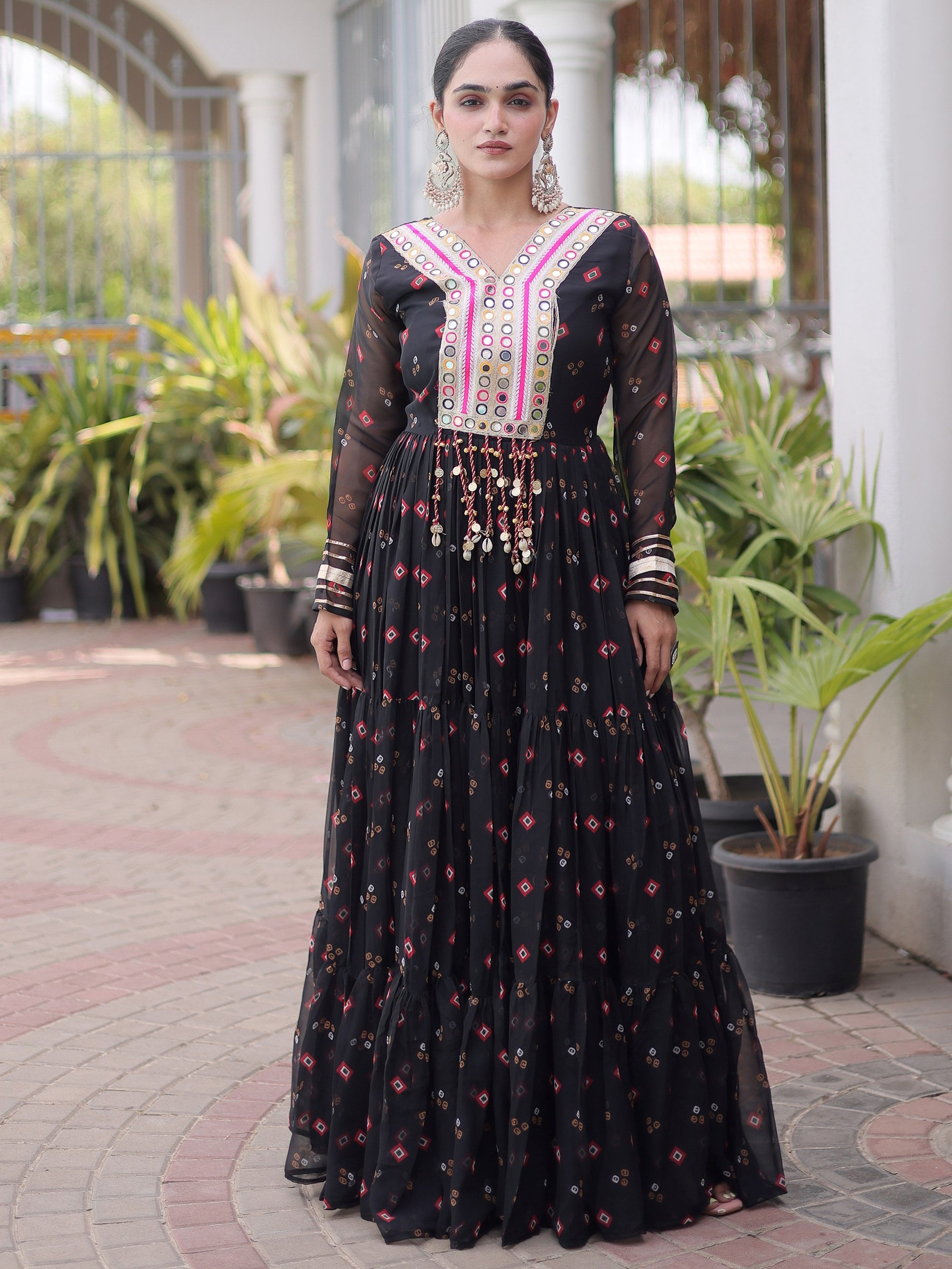 Glamorous Black Leheriya Printed Georgette Navratri Wear Gown