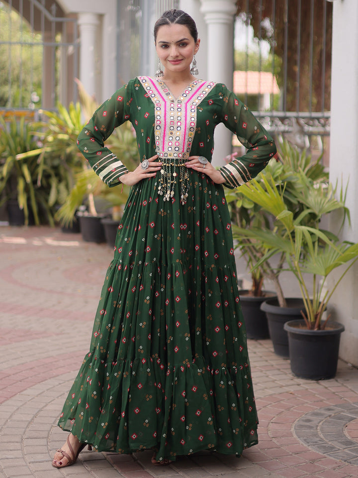 Impressive Green Leheriya Printed Georgette Navratri Wear Gown