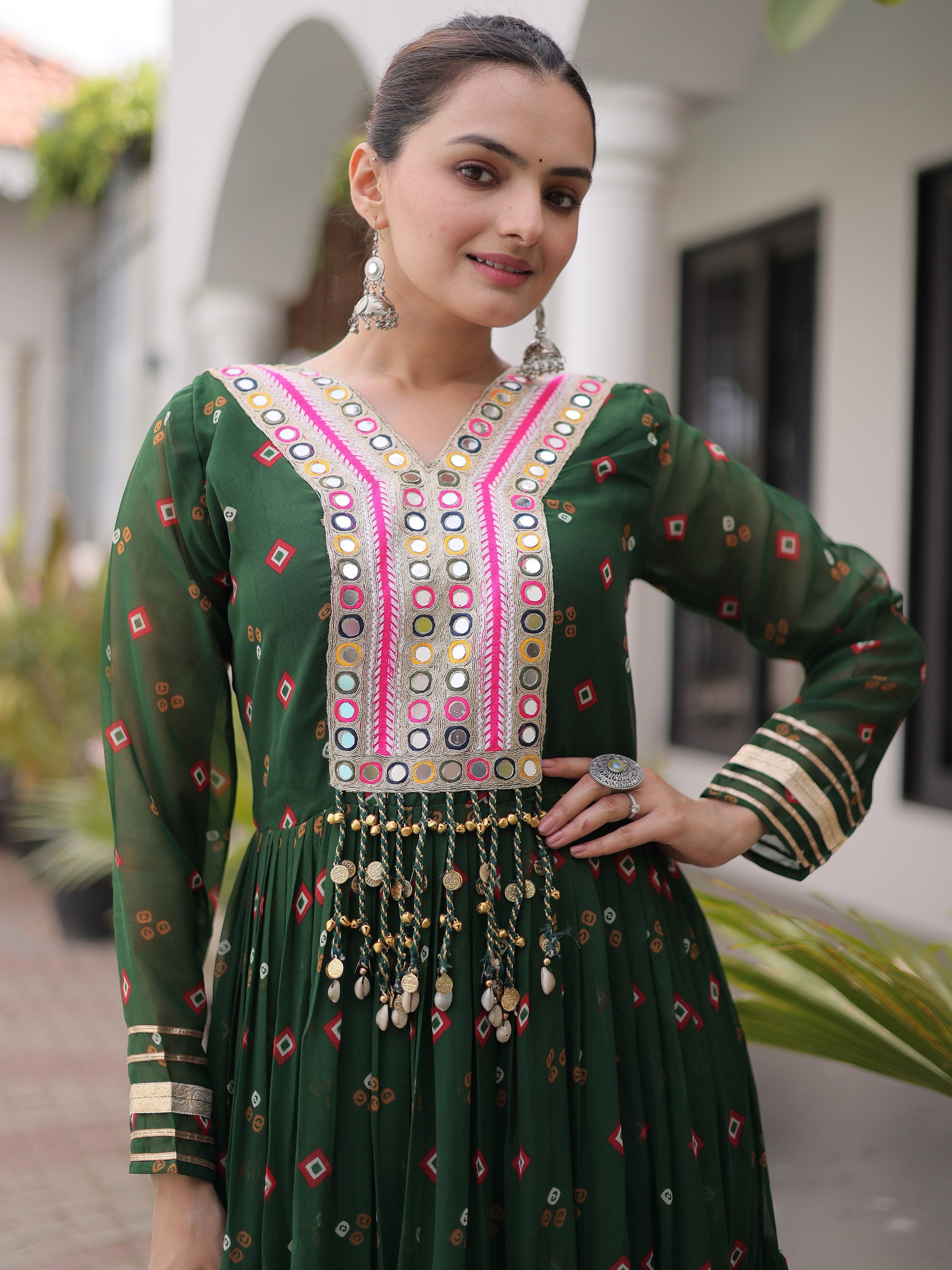 Impressive Green Leheriya Printed Georgette Navratri Wear Gown