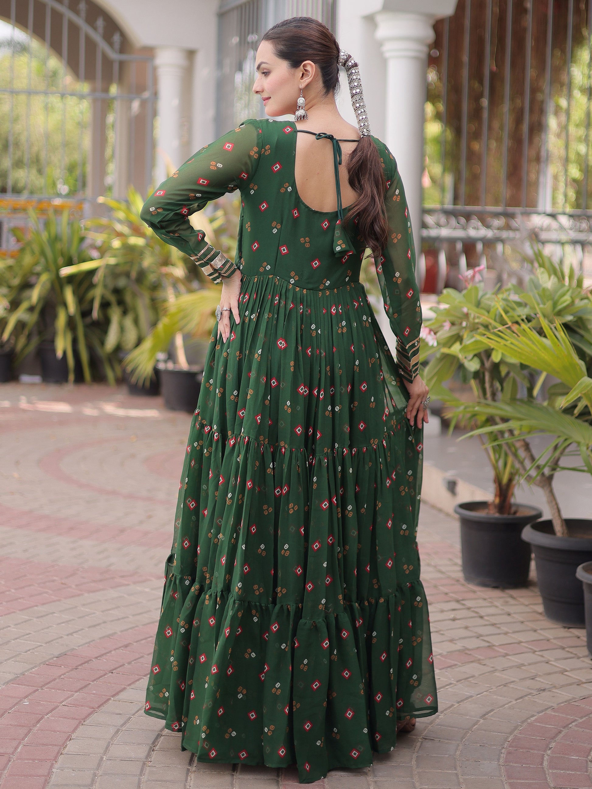 Impressive Green Leheriya Printed Georgette Navratri Wear Gown