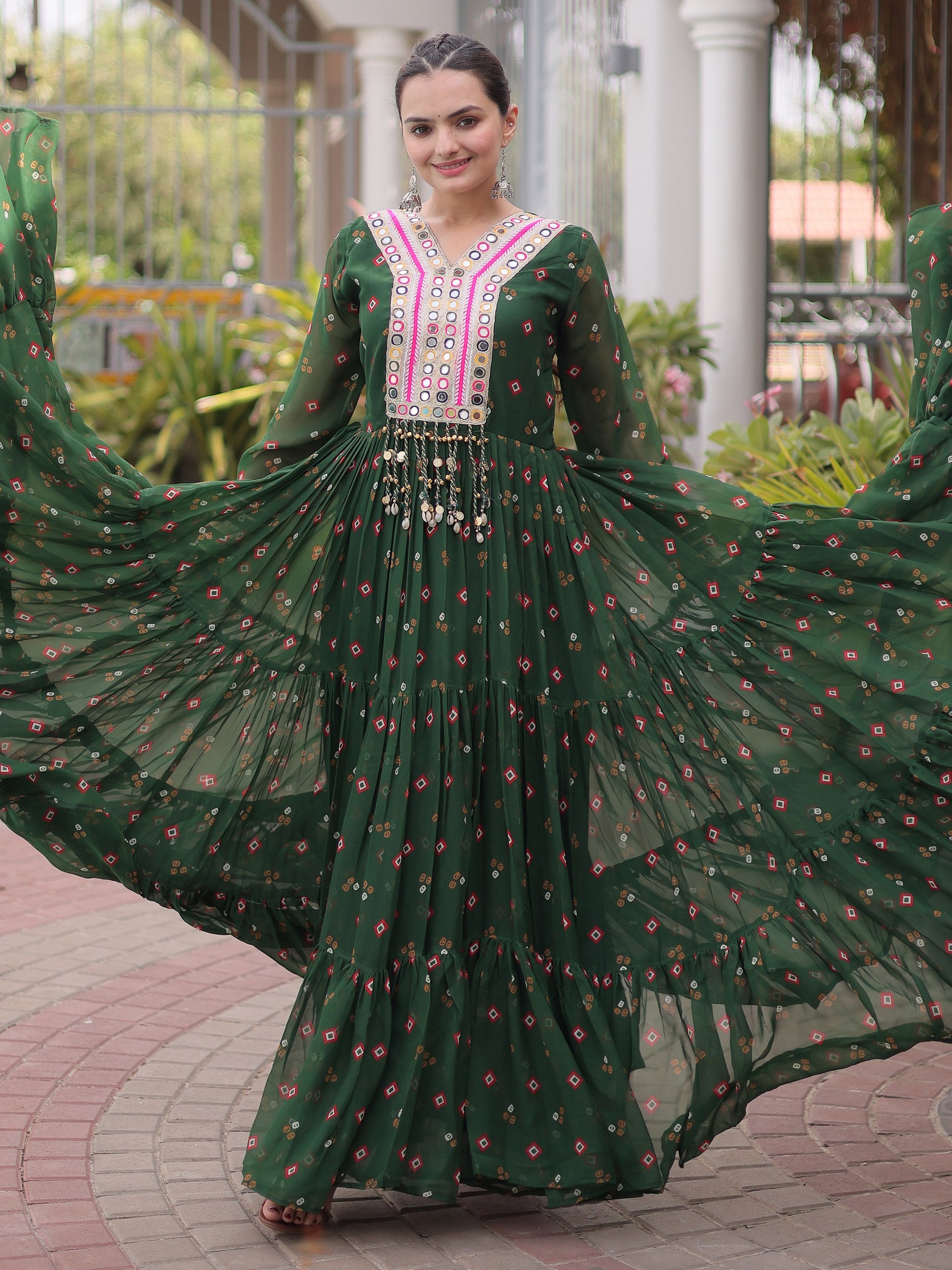 Impressive Green Leheriya Printed Georgette Navratri Wear Gown