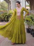 Fantastic Parrot Green Kutchi Patchwork Georgette Navratri Wear Gown