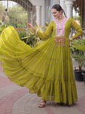 Fantastic Parrot Green Kutchi Patchwork Georgette Navratri Wear Gown