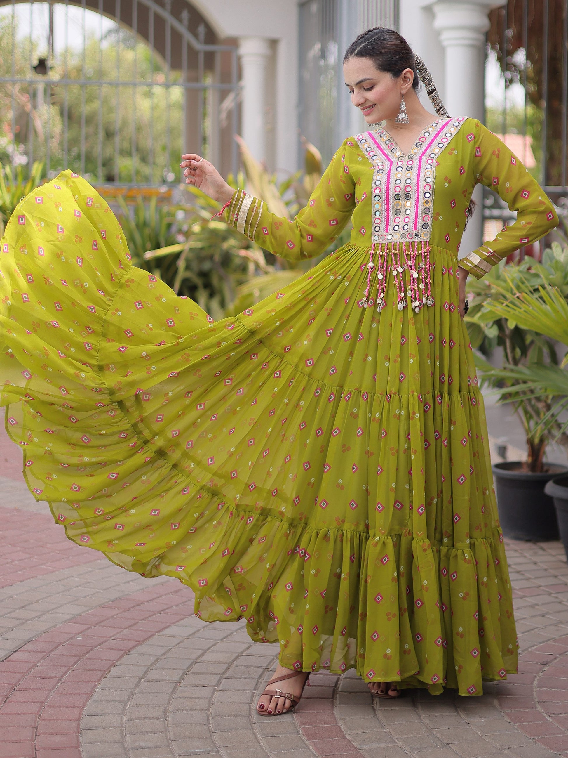 Fantastic Parrot Green Kutchi Patchwork Georgette Navratri Wear Gown