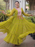 Fantastic Parrot Green Kutchi Patchwork Georgette Navratri Wear Gown