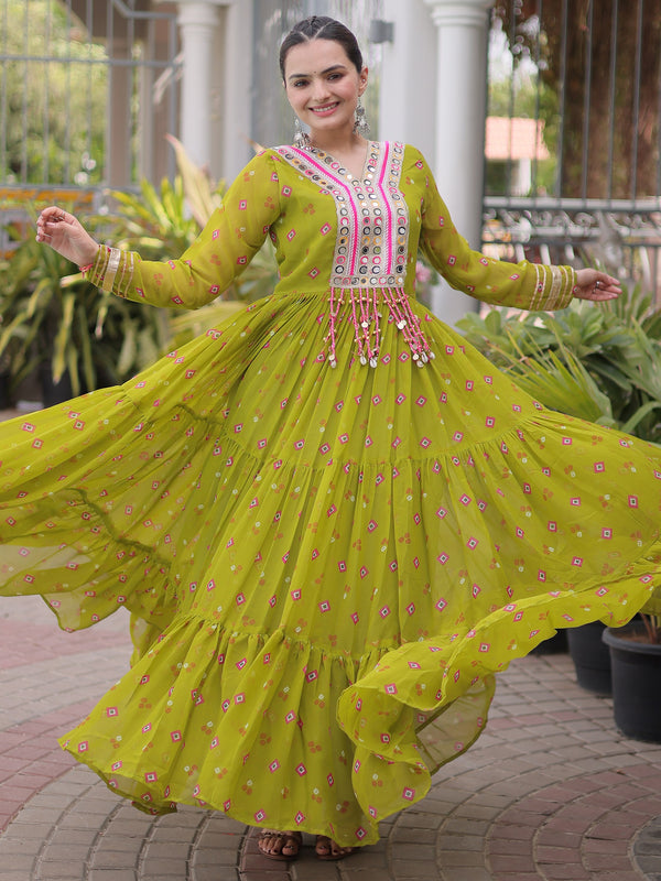 Fantastic Parrot Green Kutchi Patchwork Georgette Navratri Wear Gown