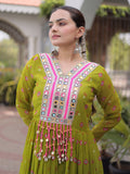 Fantastic Parrot Green Kutchi Patchwork Georgette Navratri Wear Gown