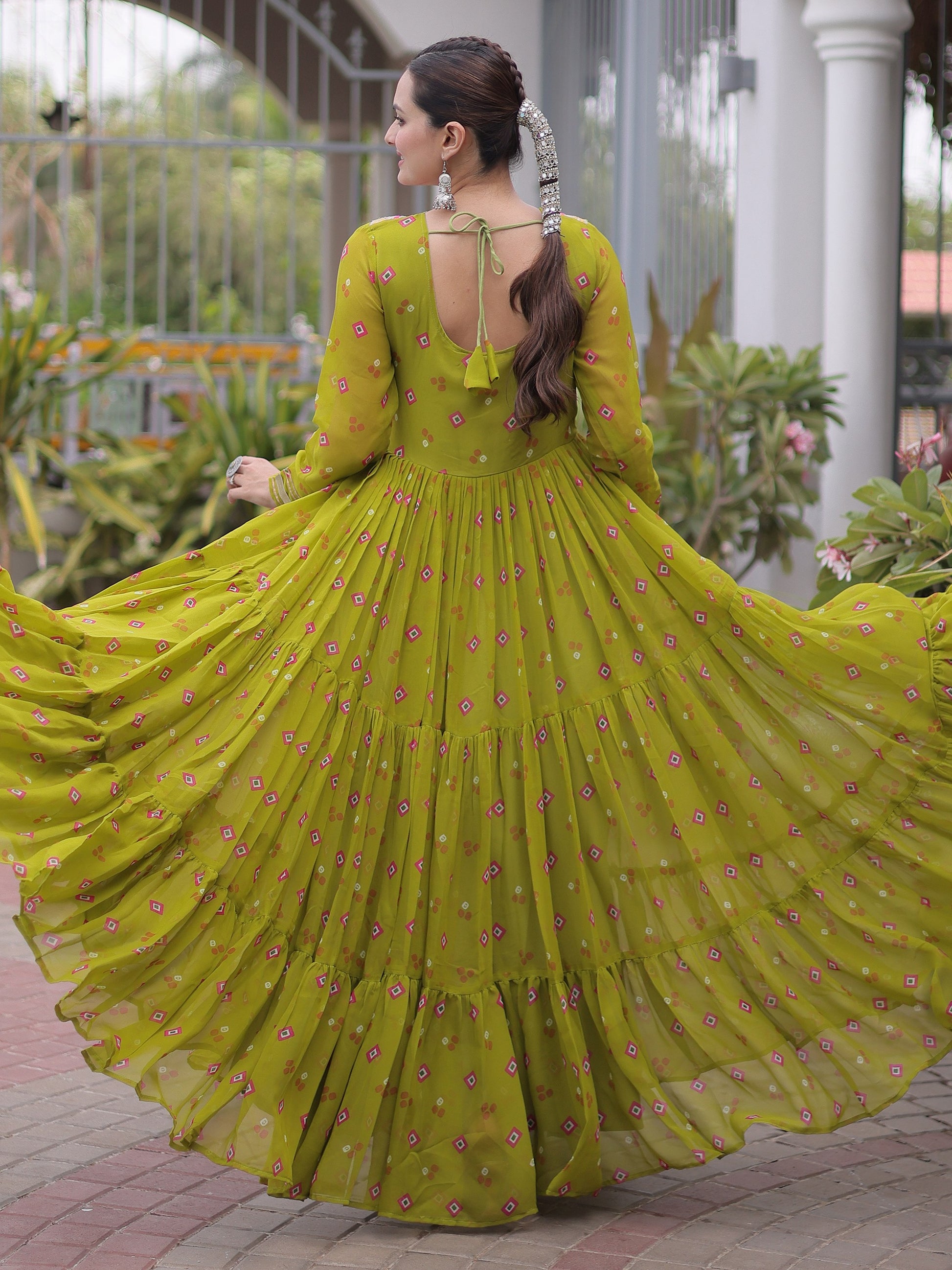 Fantastic Parrot Green Kutchi Patchwork Georgette Navratri Wear Gown