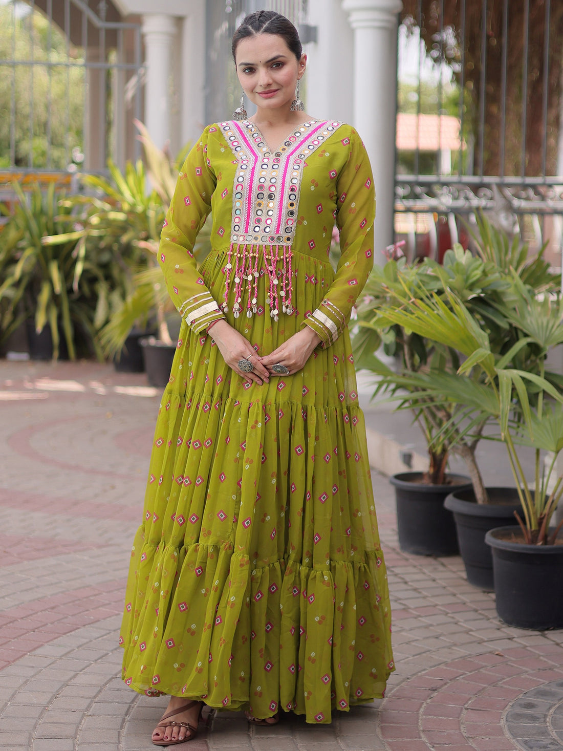 Fantastic Parrot Green Kutchi Patchwork Georgette Navratri Wear Gown