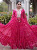 Outstanding Rani Pink Kutchi Patchwork Georgette Navratri Wear Gown
