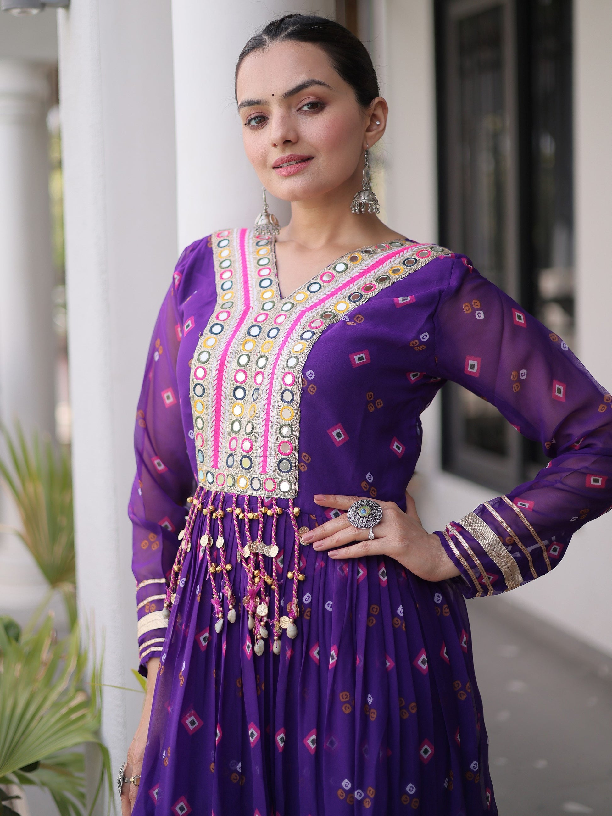 Attractive Purple Leheriya Printed Georgette Navratri Wear Gown