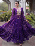 Attractive Purple Leheriya Printed Georgette Navratri Wear Gown