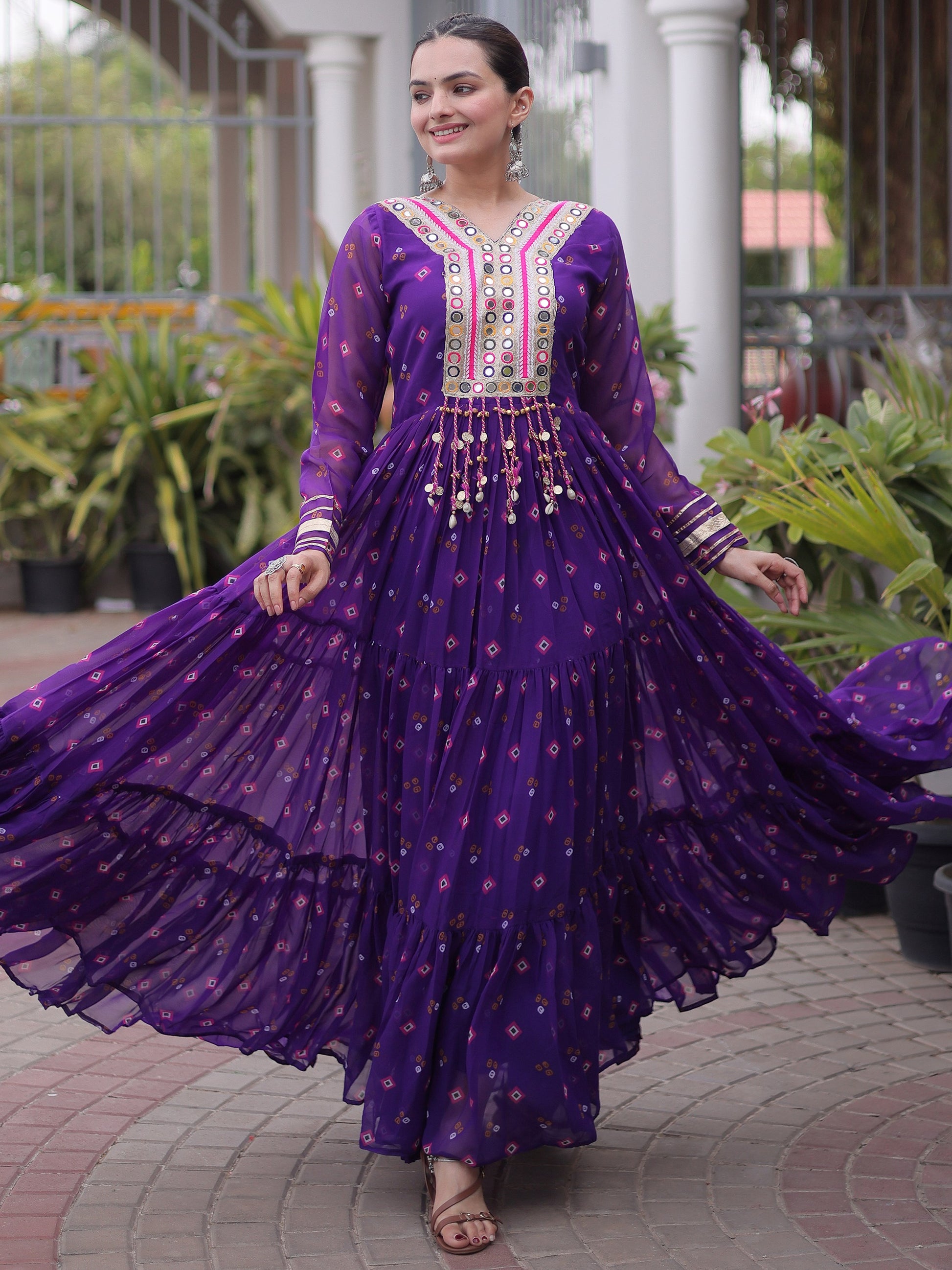 Attractive Purple Leheriya Printed Georgette Navratri Wear Gown