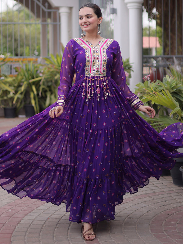 Attractive Purple Leheriya Printed Georgette Navratri Wear Gown