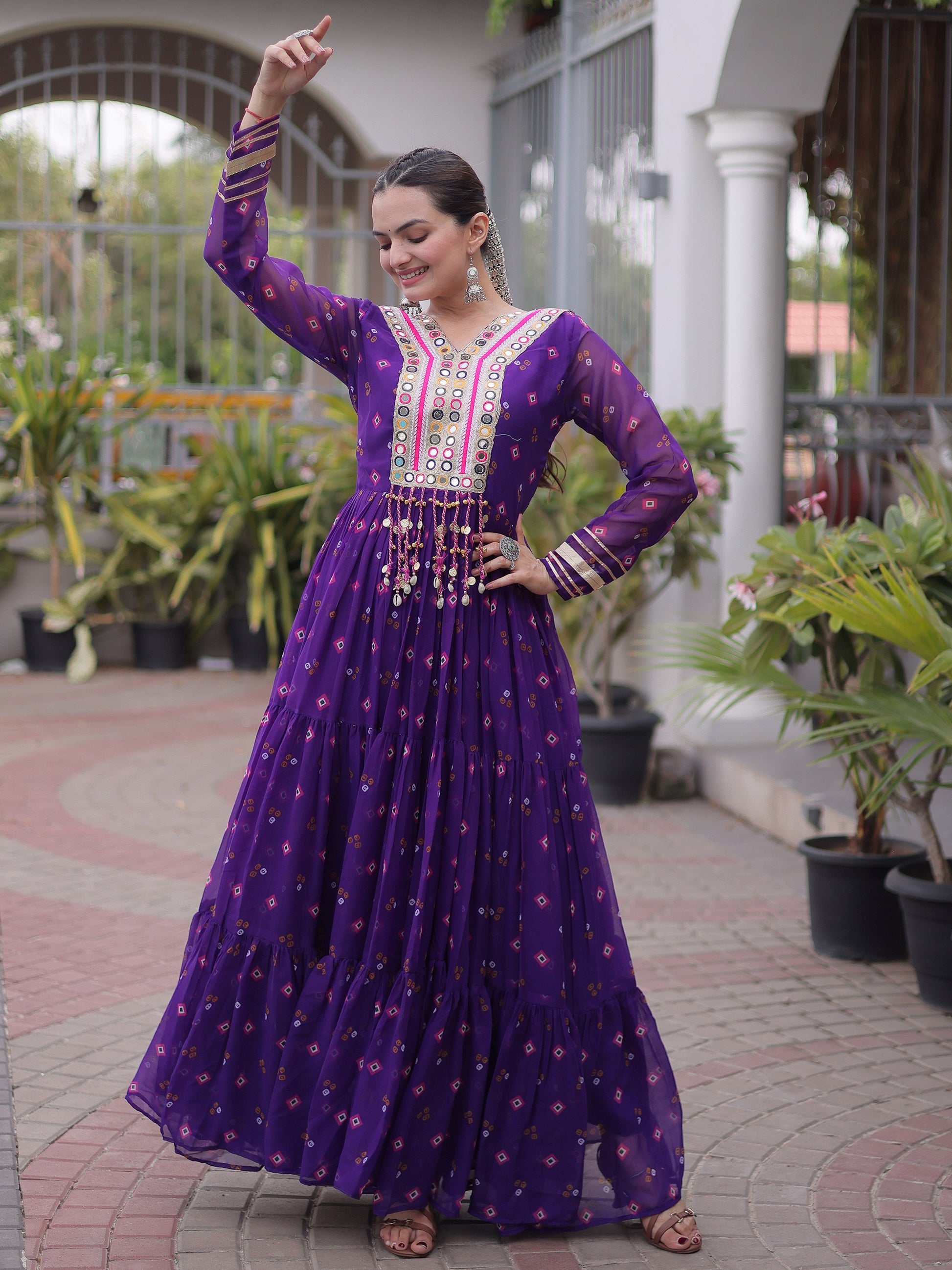 Attractive Purple Leheriya Printed Georgette Navratri Wear Gown