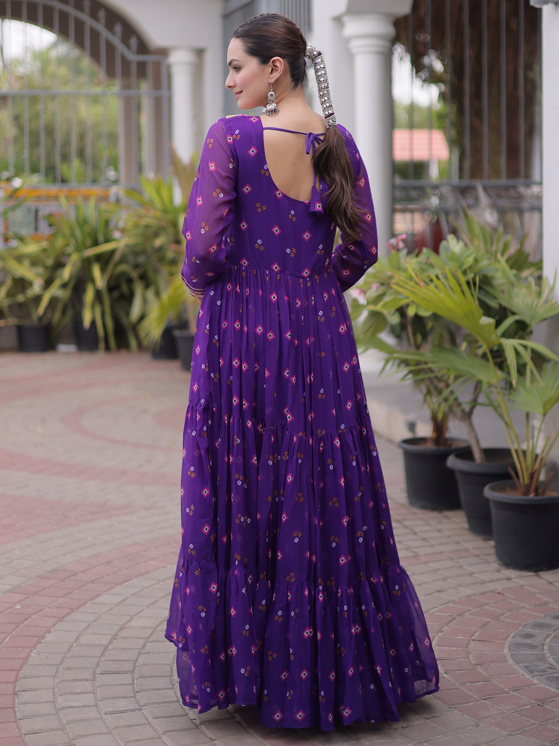 Attractive Purple Leheriya Printed Georgette Navratri Wear Gown