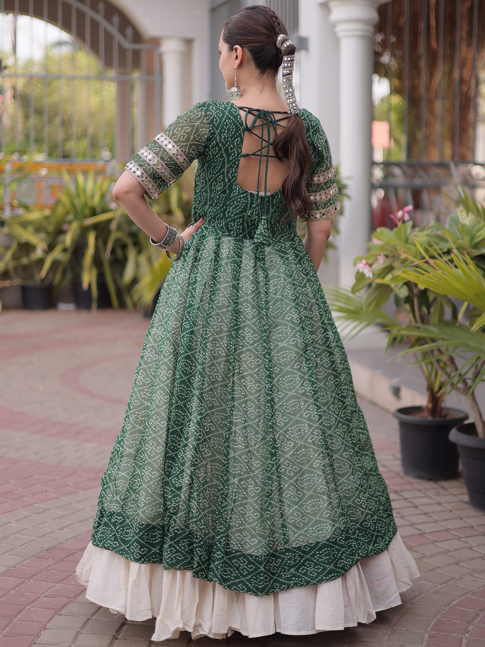 Pretty Green Bandhani Printed Georgette Navratri Wear Lehenga With Kurti