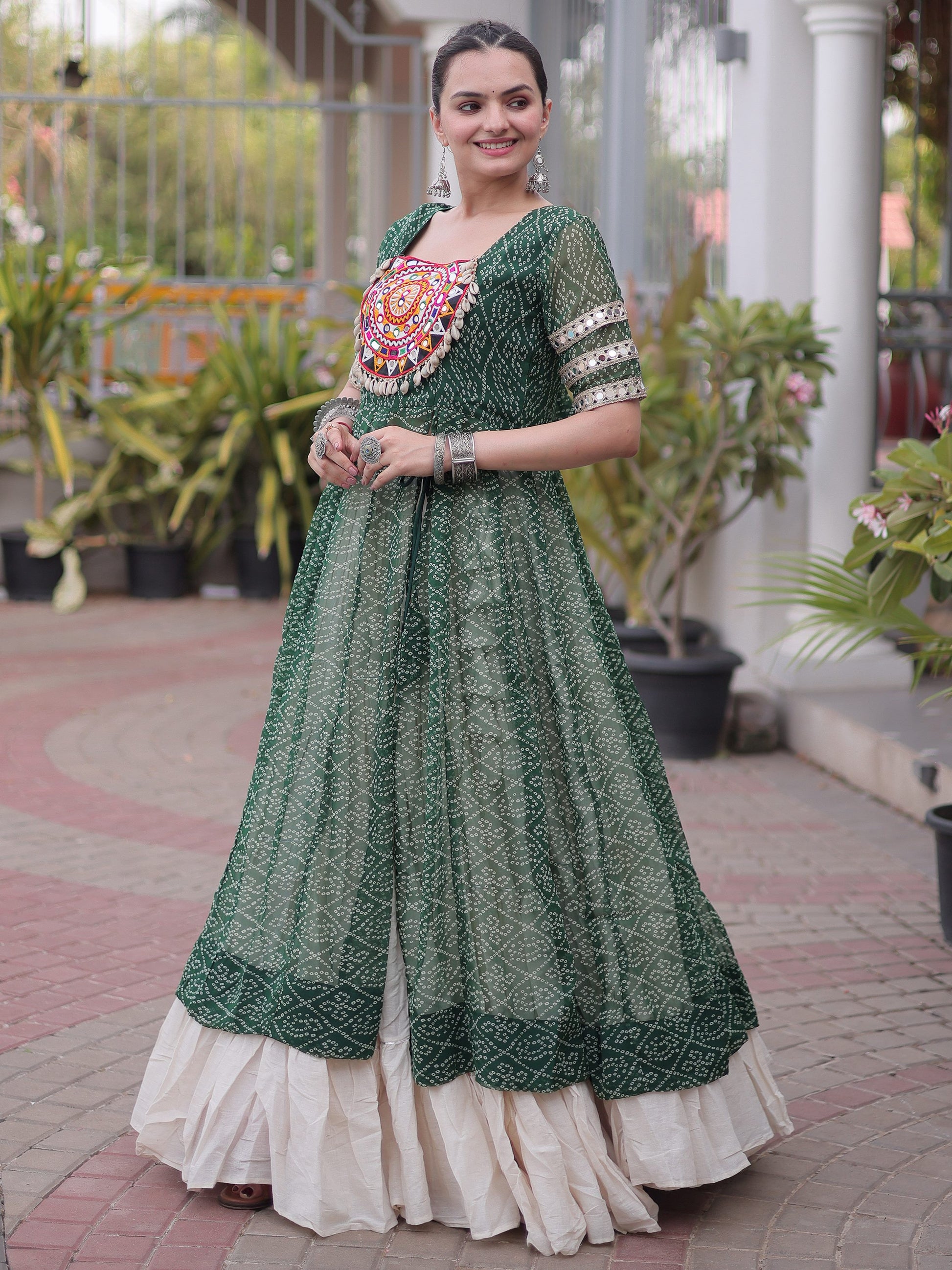 Pretty Green Bandhani Printed Georgette Navratri Wear Lehenga With Kurti